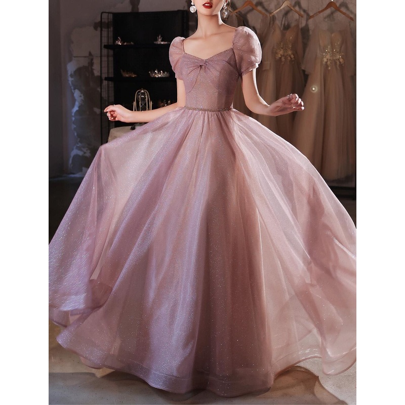 A-Line Beautiful Back Elegant Prom Formal Evening Birthday Dress Sweetheart Neckline Short Sleeve Floor Length Lace with Beading / Puff Balloon Sleeve