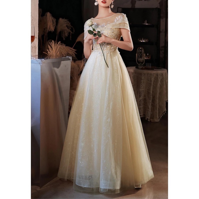 A-Line Beautiful Back Elegant Prom Formal Evening Dress Jewel Neck Short Sleeve Floor Length Lace with Beading Appliques