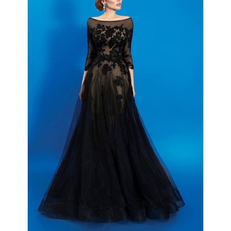 A-Line Beautiful Back Floral Engagement Formal Evening Dress Jewel Neck V Back 3/4 Length Sleeve Floor Length Tulle with Appliques