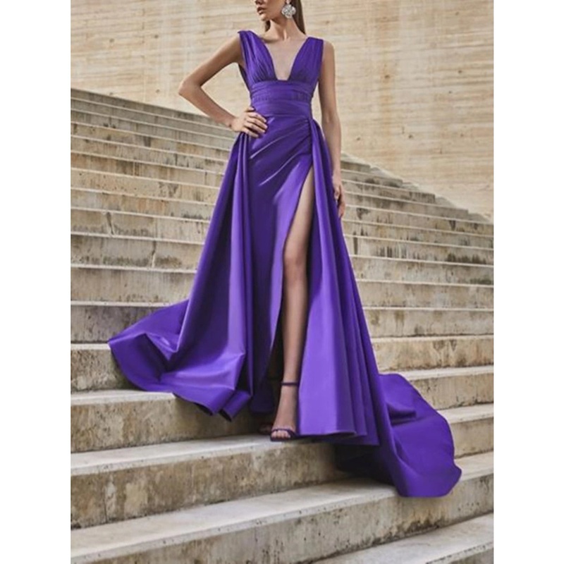 A-Line Celebrity Style Minimalist Elegant Engagement Prom Dress V Neck Sleeveless Court Train Satin with Slit Overskirt