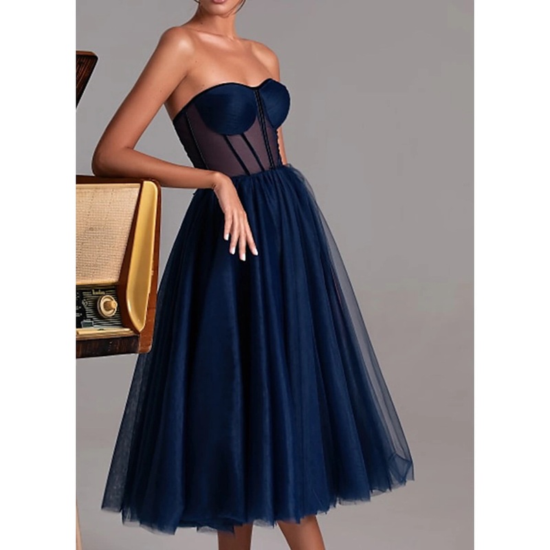 A-Line Cocktail Black Dress Plus Size Party Dress Cocktail Party Prom Tea Length Sleeveless Sweetheart Fall Wedding Guest Tulle with Pleats