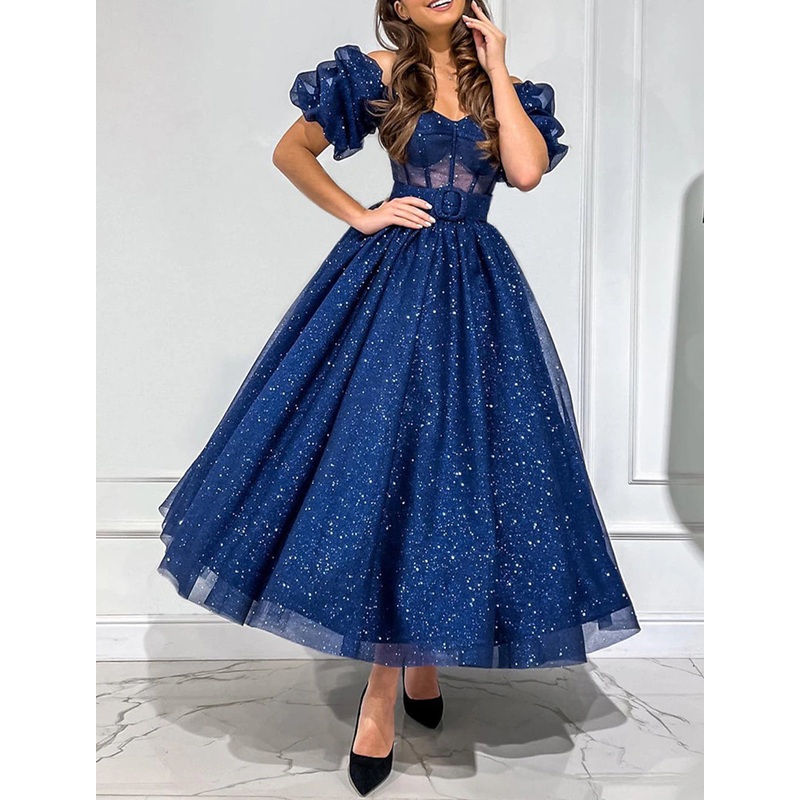 A-Line Cocktail Dresses Corsets Dress Wedding Party Birthday Ankle Length Short Sleeve Off Shoulder Tulle with Glitter Belt