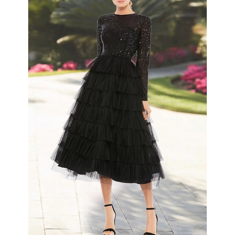 A-Line Cocktail Dresses Sparkle Black Dress Plus Size Party Wear Wedding Guest Tea Length Long Sleeve Jewel Neck Fall Wedding Guest Tulle with Sequin Tiered