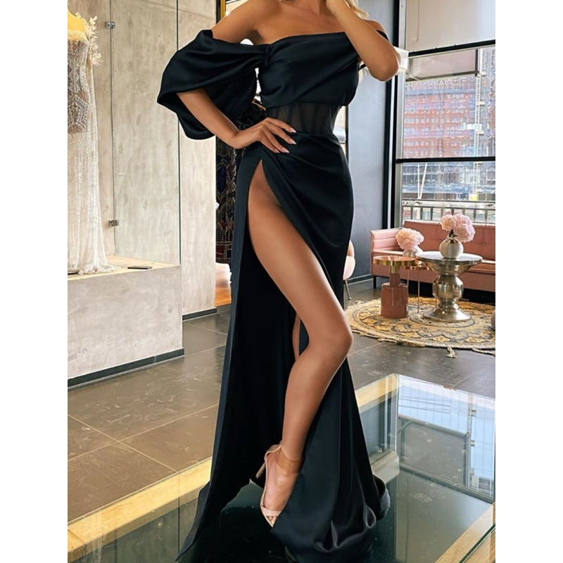A-Line Corsets Elegant Sexy Wedding Guest Formal Evening Birthday Dress Off Shoulder Short Sleeve Court Train Stretch Satin with Slit