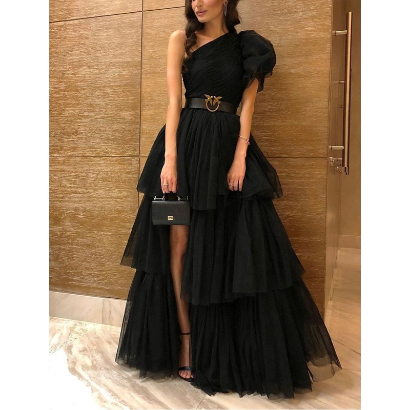 A-Line Evening Dress Black Dress Plus Size Tiered Plisse Dress Masquerade Prom Floor Length Sleeveless One Shoulder Gothic Tulle with Slit