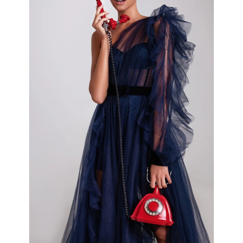 A-Line Evening Gown Black Dress Plus Size Wedding Guest Engagement Court Train Long Sleeve One Shoulder Wednesday Addams Family Tulle with Ruffles Slit