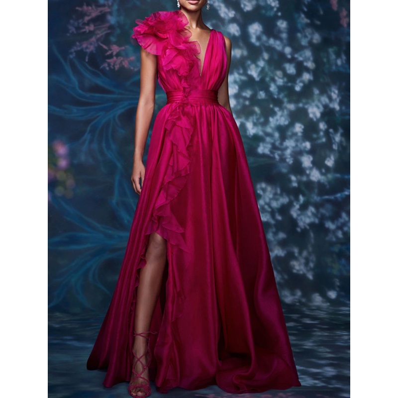 A-Line Evening Gown Celebrity Style Dress Christmas Red Green Dress Formal Wedding Guest Floor Length Sleeveless V Neck Chiffon with Slit Pure Color