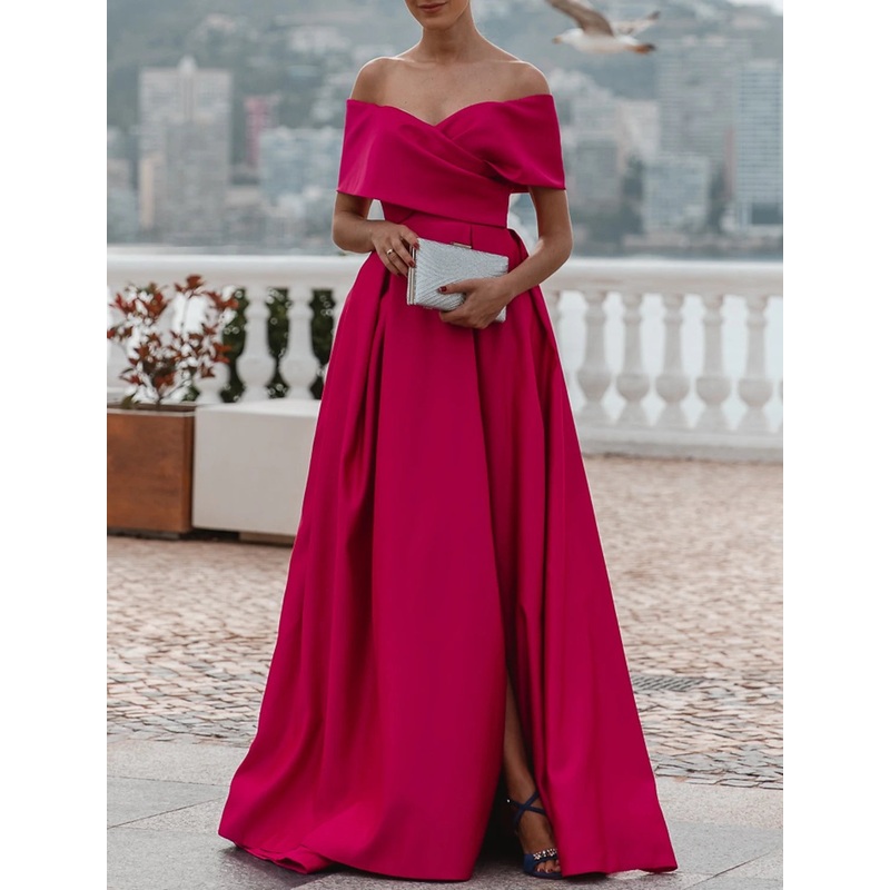 A-Line Evening Gown Christmas Red Green Dress Celebrity Style Dress Formal Wedding Court Train Sleeveless Off Shoulder Bridesmaid Dress Satin with Ruched Slit