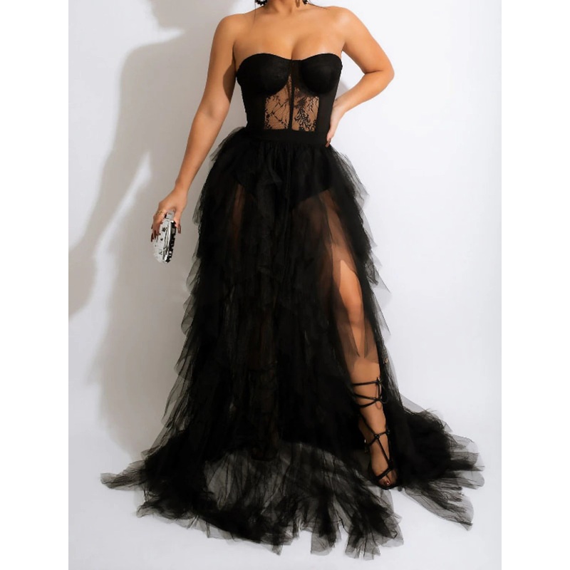 A-Line Evening Gown Corsets Dress Formal Wedding Guest Court Train Sleeveless Strapless Wednesday Addams Family Tulle with Slit