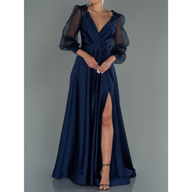 A-Line Evening Gown Elegant Dress Formal Fall Floor Length Long Sleeve V Neck Satin with Pleats Slit Shouder Flower