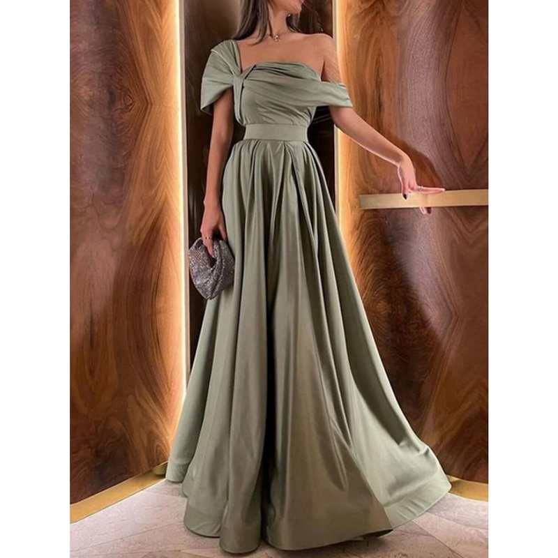 A-Line Evening Gown Elegant Dress Formal Floor Length Christmas Red Green Dress Short Sleeve Off Shoulder Satin with Pleats Ruched