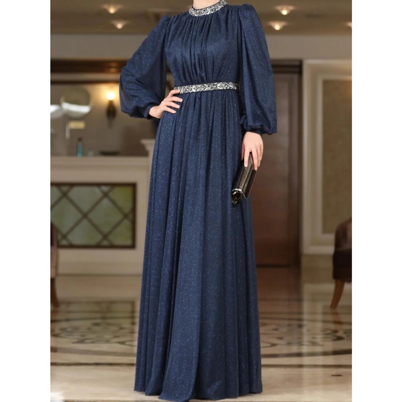 A-Line Evening Gown Elegant Dress Formal Floor Length Long Sleeve Jewel Neck Lurex Fabric with Rhinestone Pleats