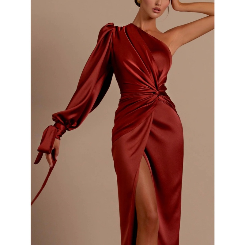 A-Line Evening Gown Elegant Dress Formal Sweep / Brush Christmas Red Green Dress Train Long Sleeve One Shoulder Satin with Feather Ruched Strappy