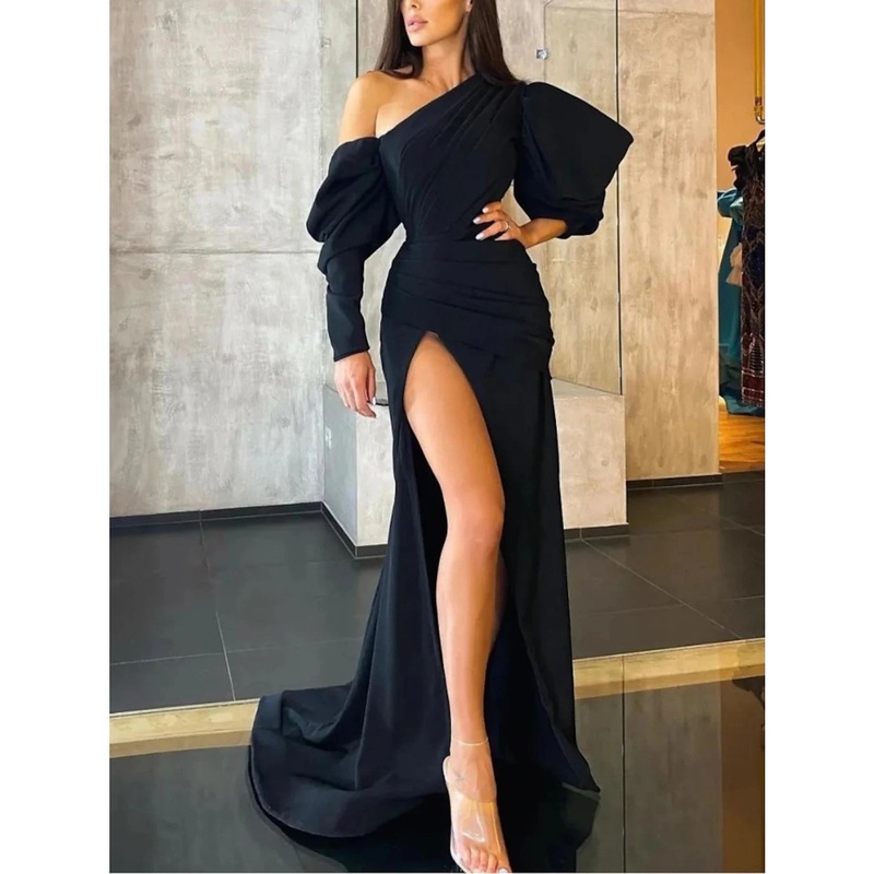 A-Line Evening Gown Elegant Dress Formal Sweep / Brush Train Black Dress Long Sleeve One Shoulder Satin with Pleats Ruched Slit