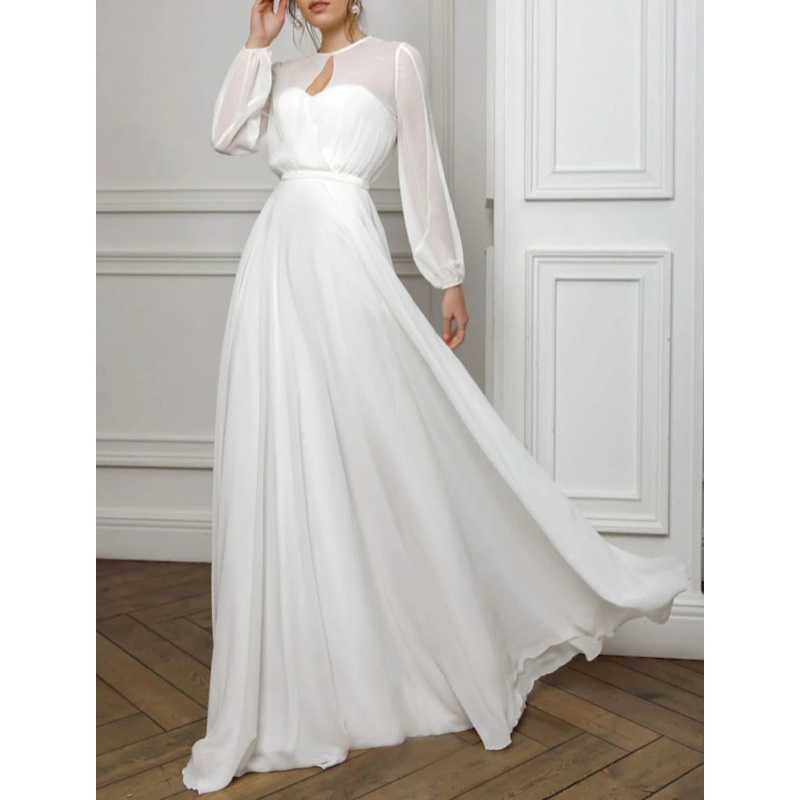 A-Line Evening Gown Empire Dress Holiday Wedding Guest Floor Length Long Sleeve Illusion Neck Chiffon with Pleats