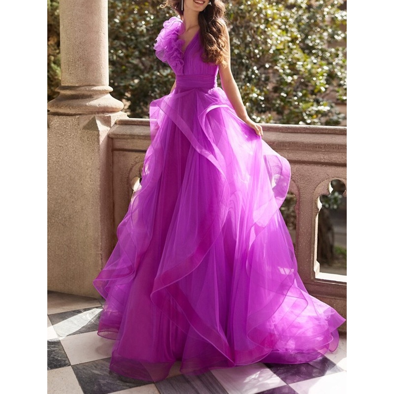 A-Line Evening Gown Floral Dress Formal Prom Court Train Sleeveless V Neck Chiffon with Ruffles