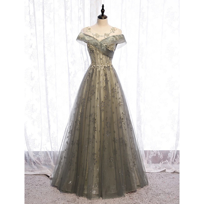 A-Line Evening Gown Floral Dress Wedding Guest Engagement Floor Length Short Sleeve Illusion Neck Tulle with Pleats