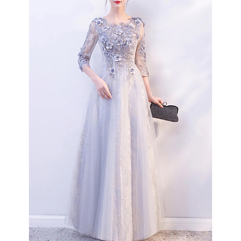 A-Line Evening Gown Floral Dress Wedding Guest Formal Evening Floor Length 3/4 Length Sleeve Jewel Neck Tulle with Appliques
