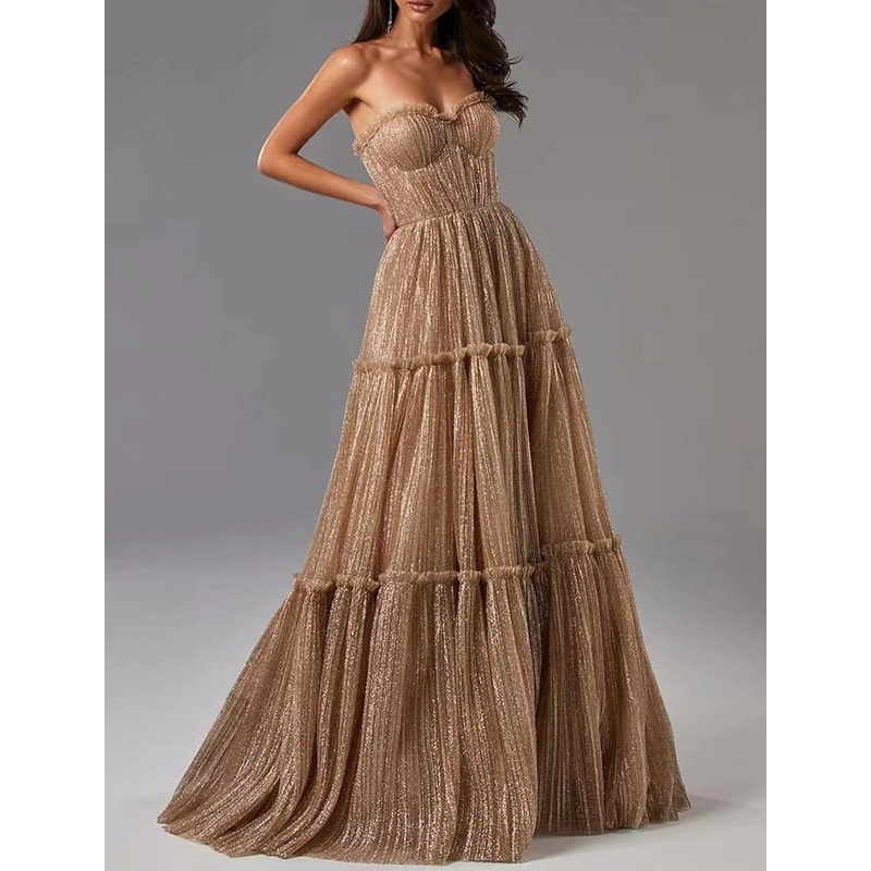 A-Line Evening Gown Glittering Dress Formal Wedding Guest Floor Length Sleeveless Strapless Tulle with Pleats