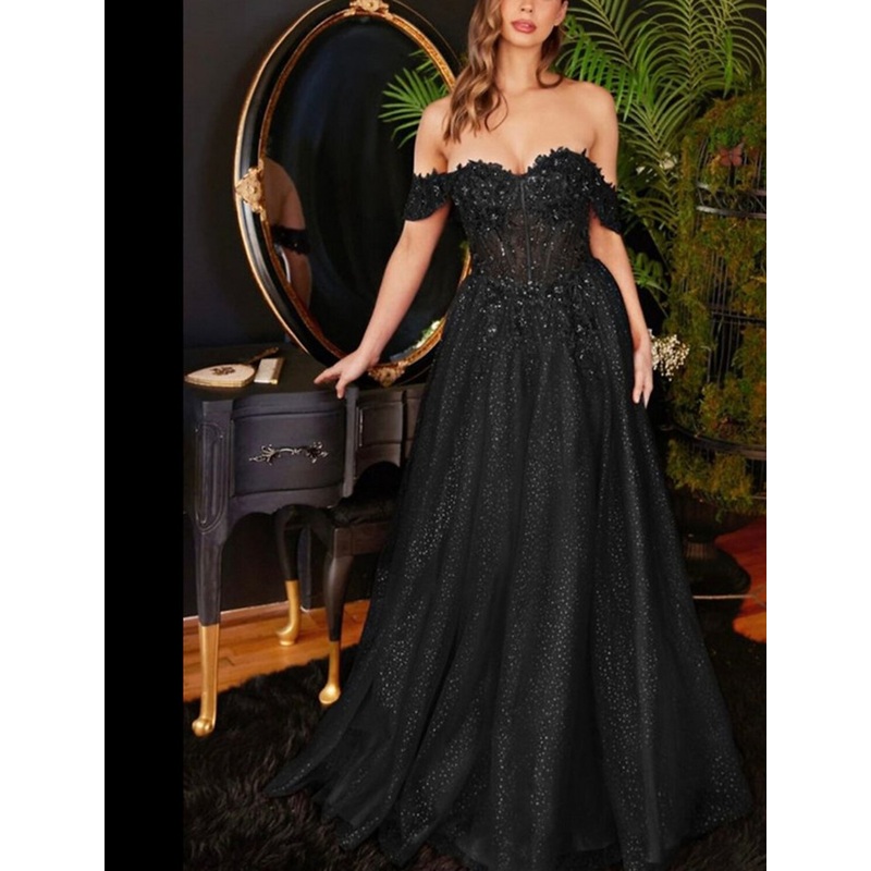 A-Line Evening Gown Glittering Dress Wedding Guest Party Wear Floor Length Short Sleeve Strapless Tulle Backless with Glitter Appliques