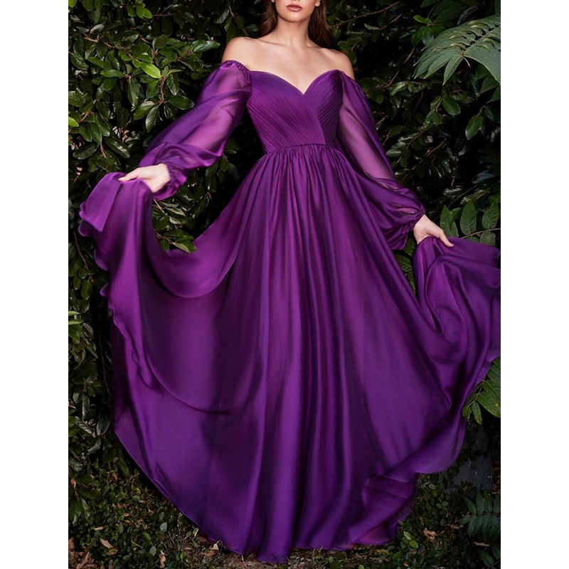 A-Line Evening Gown Open Back Dress Formal Wedding Guest Floor Length Long Sleeve Square Neck Organza with Pleats Pure Color