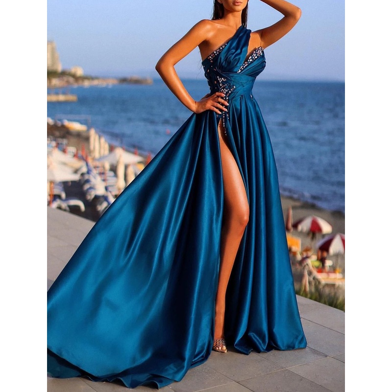 A-Line Evening Gown Sexy Dress Formal Wedding Guest Court Train Sleeveless One Shoulder Charmeuse with Rhinestone Slit