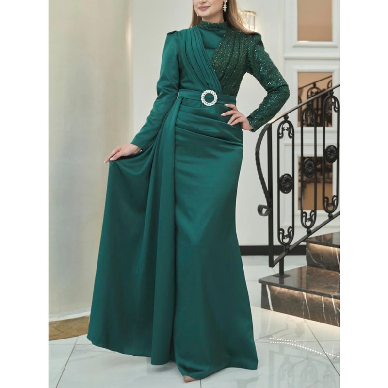 A-Line Evening Gown Sparkle & Shine Dress Formal Christmas Floor Length Long Sleeve High Neck Satin with Glitter Ruched