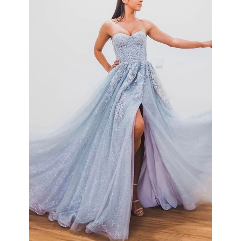 A-Line Evening Gown Sparkle & Shine Dress Formal Wedding Guest Court Train Sleeveless Sweetheart Tulle with Beading Slit Appliques