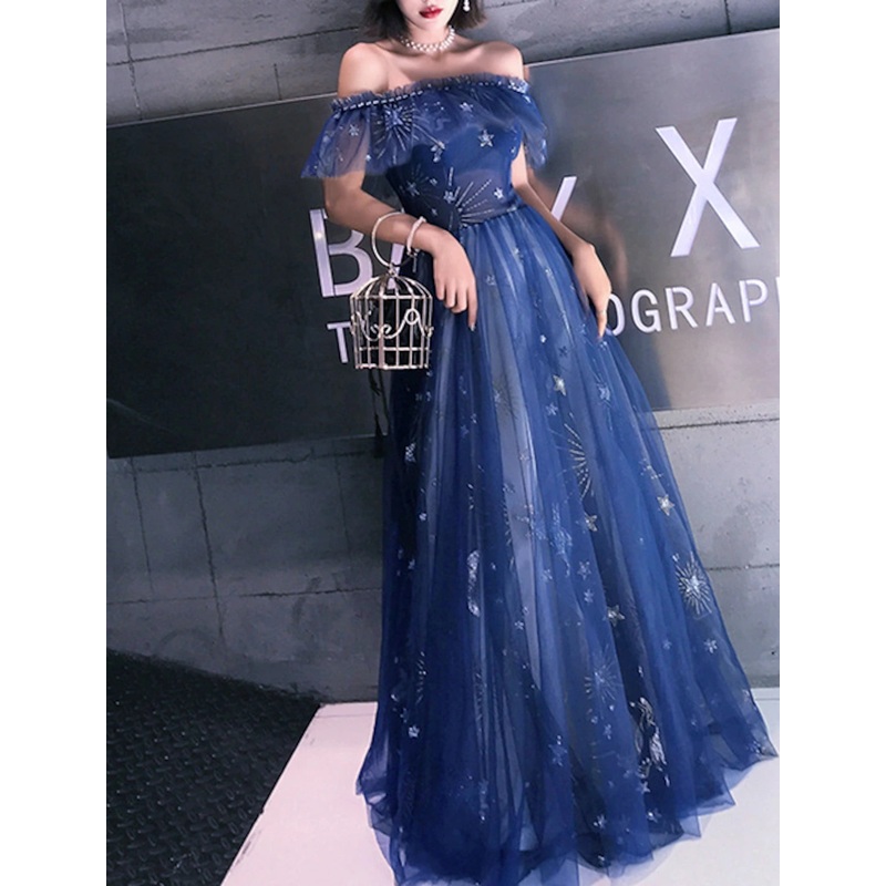 A-Line Fairy Prom Dress Sparkle Party Dress Off Shoulder Short Sleeve Floor Length Tulle with Sequins Embroidery Bridesmaid Formal Evening