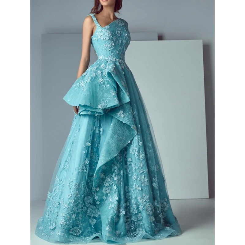 A-Line Floral Engagement Prom Dress V Neck Sleeveless Floor Length Polyester with Appliques