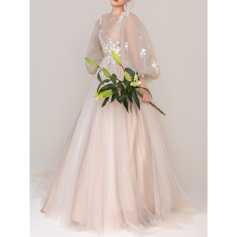 A-Line Floral Princess Prom Dress Jewel Neck Long Sleeve Court Train Tulle with Pleats Appliques