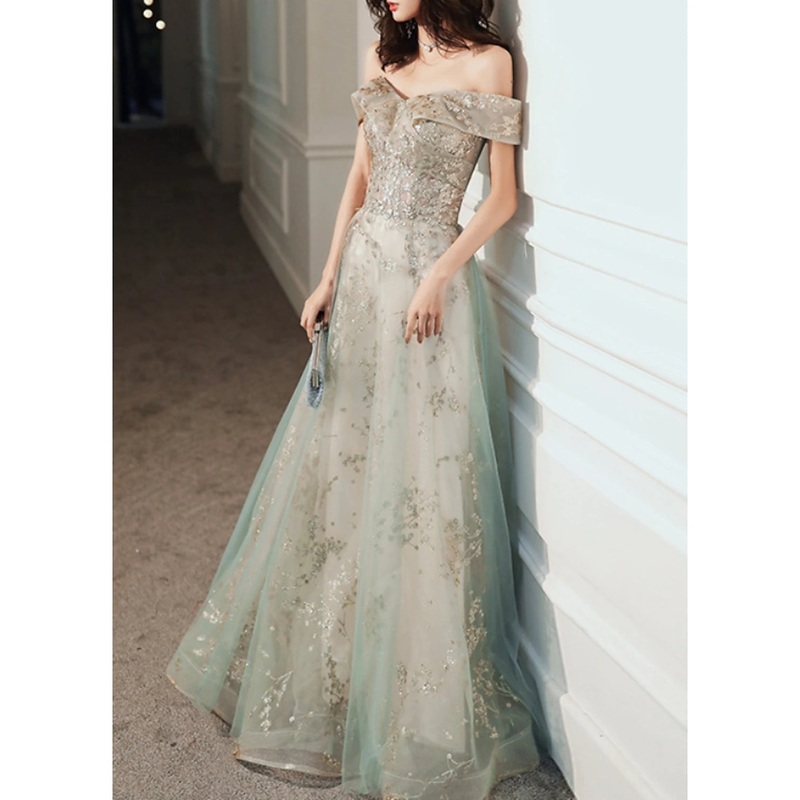 A-Line Glittering Elegant Engagement Formal Evening Dress Off Shoulder Short Sleeve Floor Length Tulle with Sequin