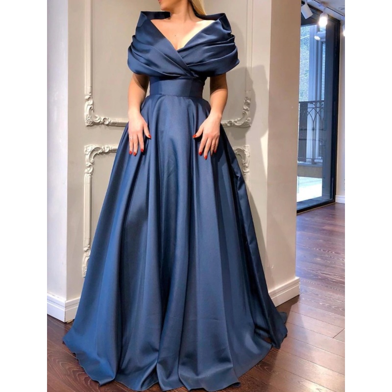 A-Line Minimalist Elegant Engagement Prom Dress V Neck Short Sleeve Sweep / Brush Train Satin with Pleats
