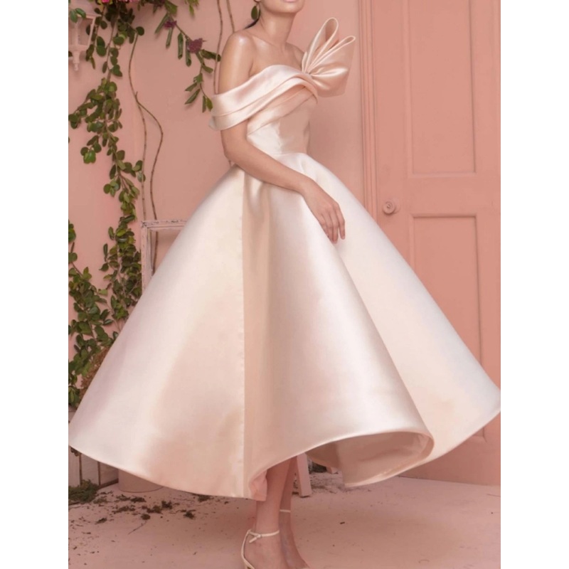 A-Line Minimalist Elegant Engagement Prom Valentine's Day Dress Off Shoulder Short Sleeve Ankle Length Satin with Sleek