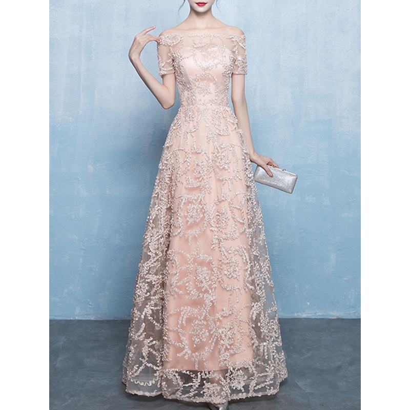 A-Line Minimalist Elegant Prom Formal Evening Dress Off Shoulder Short Sleeve Floor Length Tulle with Pleats