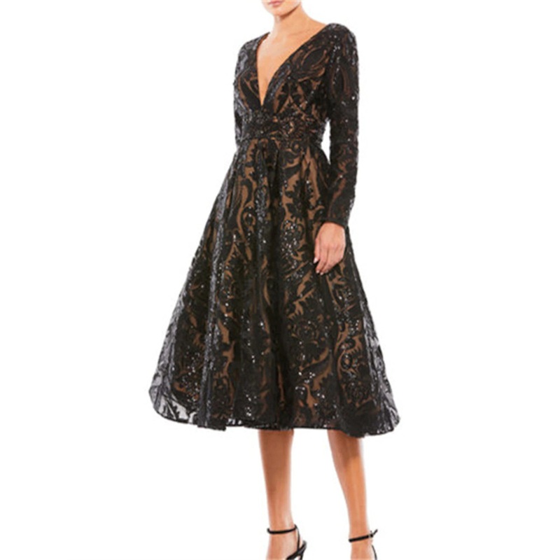 A-Line Cocktail Dresses Party Dress Wedding Guest Wedding Party Knee Length Long Sleeve V Neck Sequined with Crystals Sequin