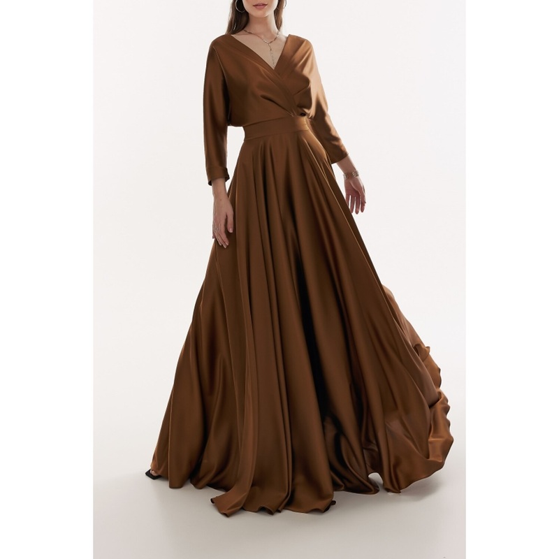 A-Line Evening Gown Elegant Dress Formal Fall Sweep / Brush Train 3/4 Length Sleeve V Neck Satin with Pleats