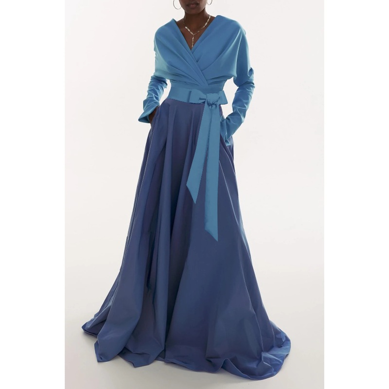 A-Line Evening Gown Elegant Dress Formal Fall Sweep / Brush Train Long Sleeve V Neck Stretch Fabric with Pleats Ruched