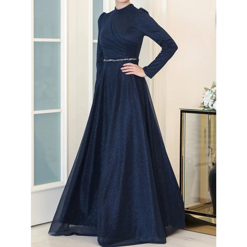 A-Line Evening Gown Elegant Dress Formal Floor Length Long Sleeve High Neck Lurex Fabric with Rhinestone Pleats Ruched