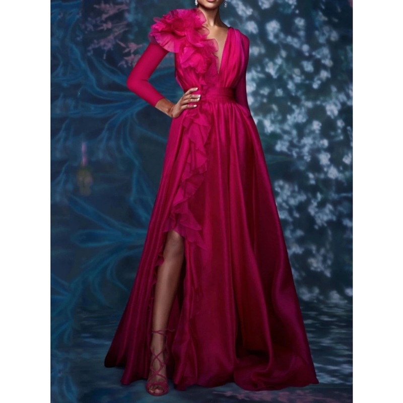 A-Line Evening Gown Floral Dress Christmas Red Green Dress Wedding Guest Wedding Party Floor Length Long Sleeve V Neck Chiffon with Pleats Slit