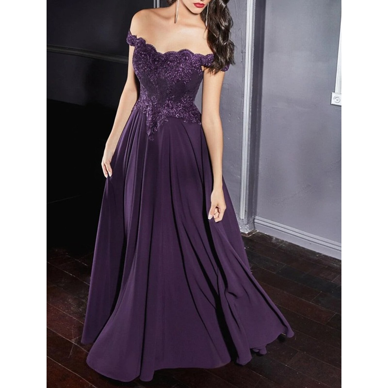 A-Line Evening Gown Formal Dress Purple Floor Length Sleeveless Off Shoulder Chiffon with Pleats Appliques