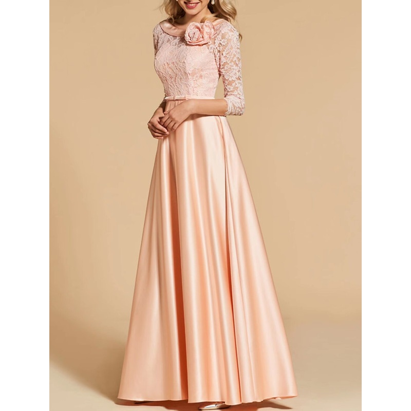 A-Line Evening Gown Open Back Dress Formal Wedding Guest Floor Length 3/4 Length Sleeve Jewel Neck Satin with Bow(s) Buttons Shouder Flower