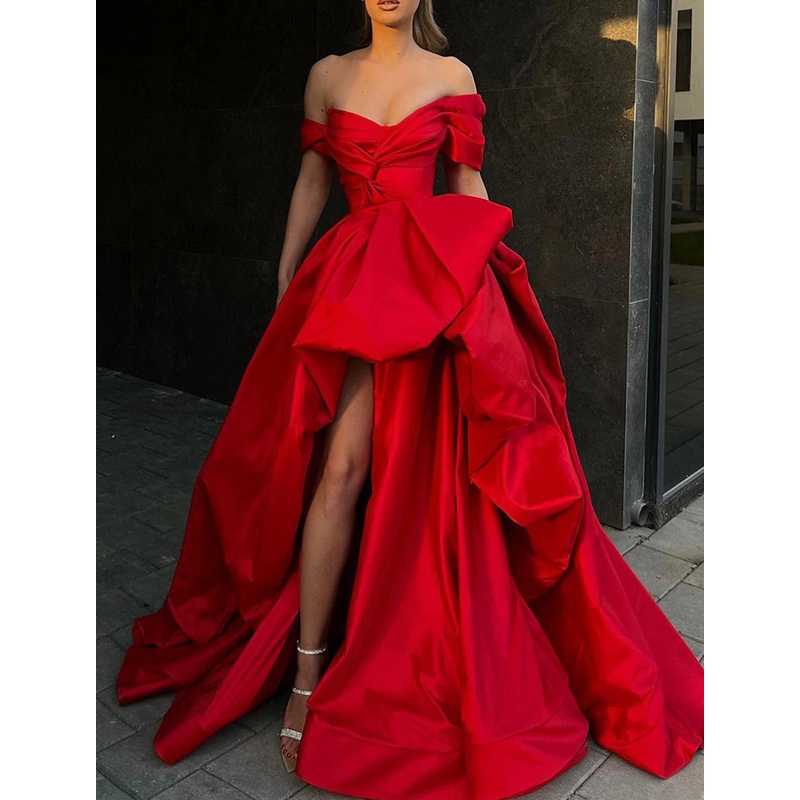 A-Line Evening Gown Party Dress Christmas Red Green Dress Masquerade Prom Sweep / Brush Train Sleeveless Off Shoulder Satin with Slit