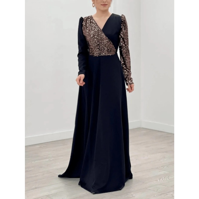 A-Line Evening Gown Sparkle & Shine Dress Formal Fall Sweep / Brush Train Long Sleeve V Neck Chiffon with Glitter Pleats
