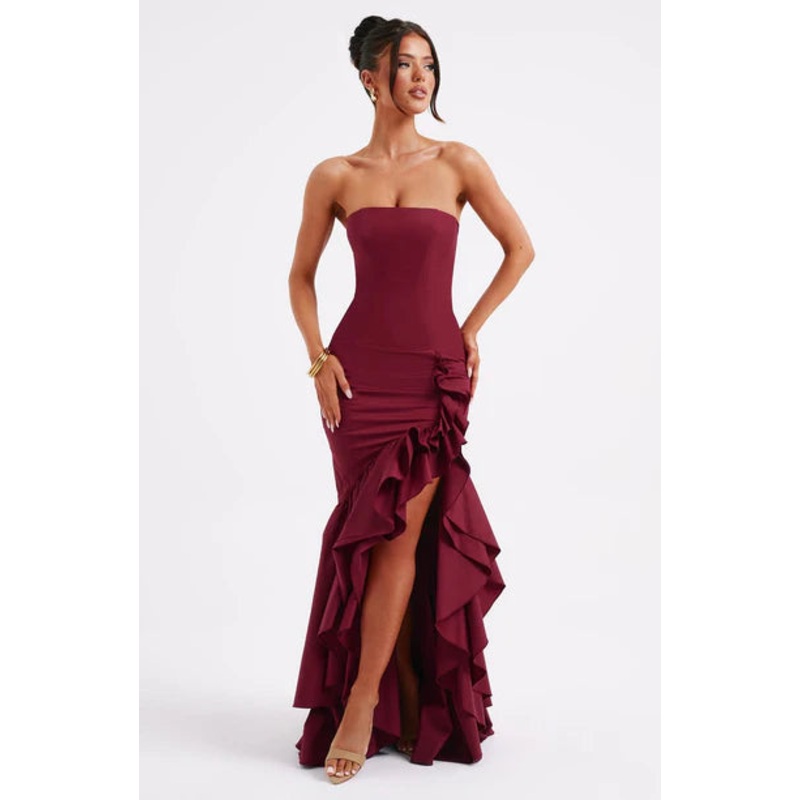 Burgundy Frilled high-low hem skirt Strapless Bridesmaid dresses