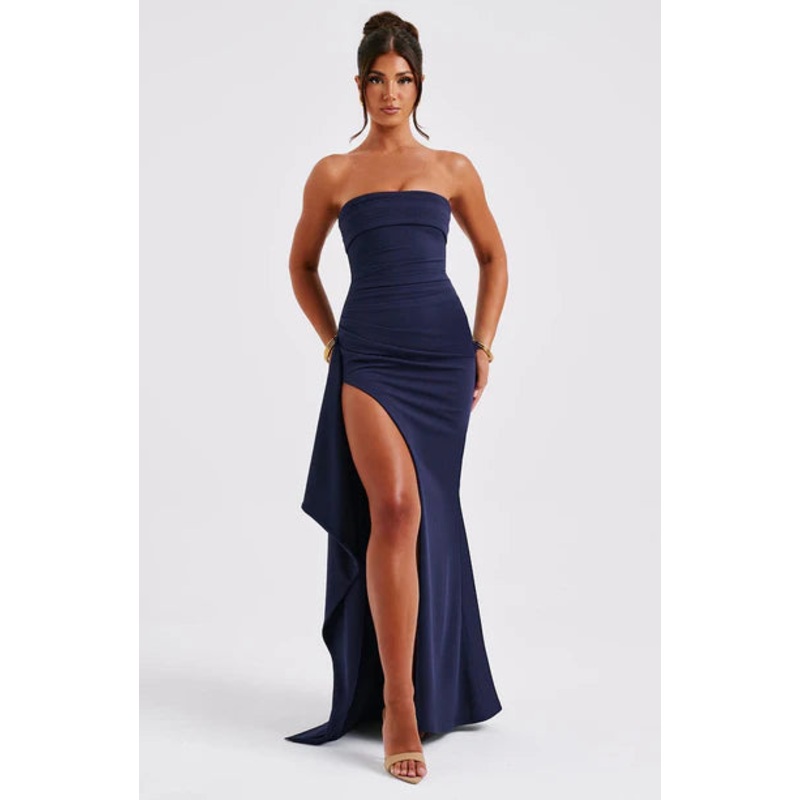 Classic maxi dress perfect fit off the shoulder neckline pleated slit drape Navy bridesmaid dress
