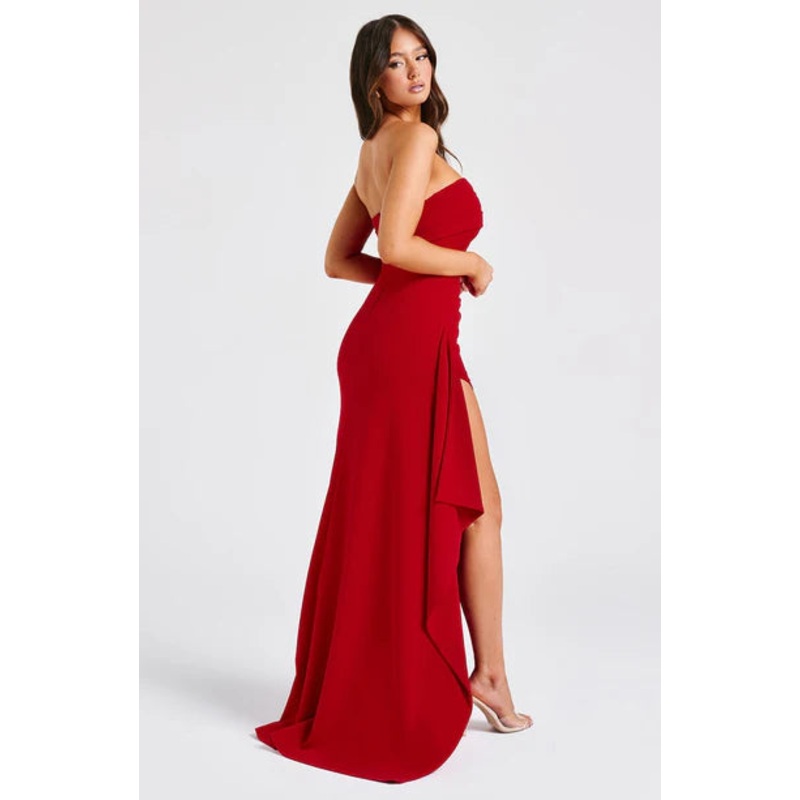 Classic maxi dress perfect fit off the shoulder neckline pleated slit drape red bridesmaid dress