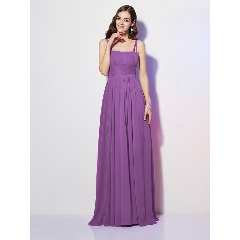 Sheath/Column Spaghetti Straps Sleeveless Pleats Long Chiffon Bridesmaid Dresses