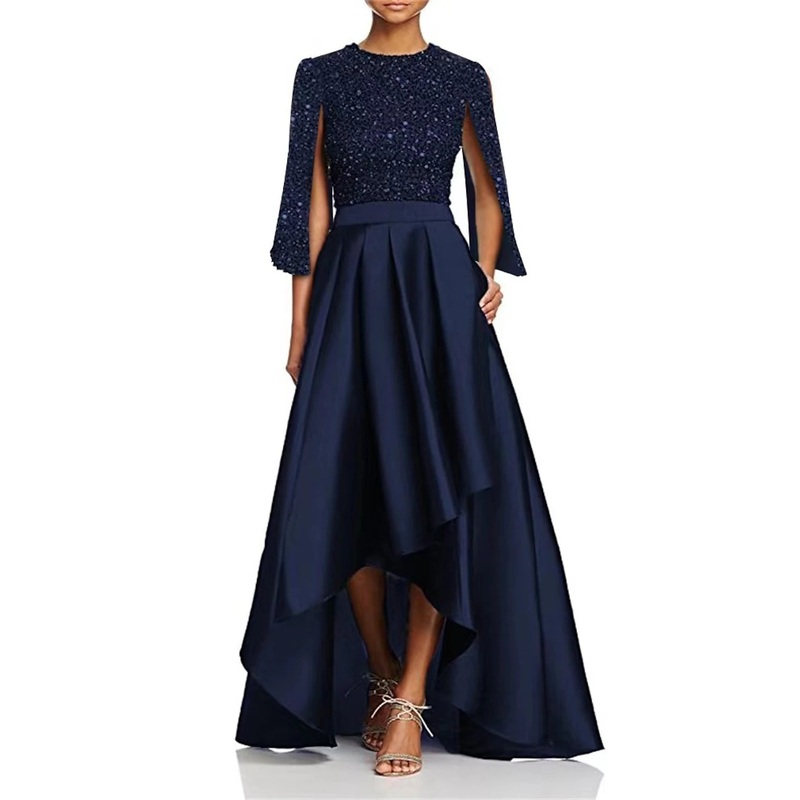 A-Line Cocktail Dresses Elegant Dress Wedding Party Church Tea Length Long Sleeve Jewel Neck Pocket Sequined with Slit