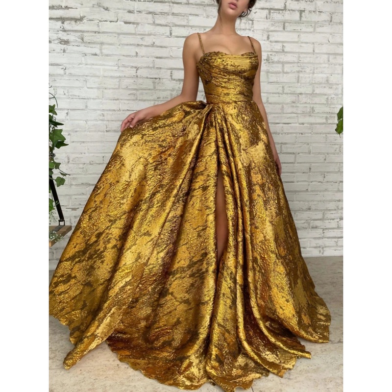 A-Line Evening Gown High Split Dress Formal Christmas Court Train Sleeveless Spaghetti Strap Sequined with Glitter Pleats Ruched